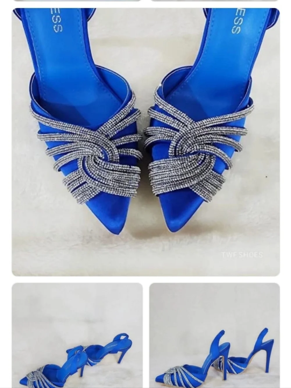 Berness Sapphire Satin Pointed Heels with‎ Crystal Knot Size 8.5